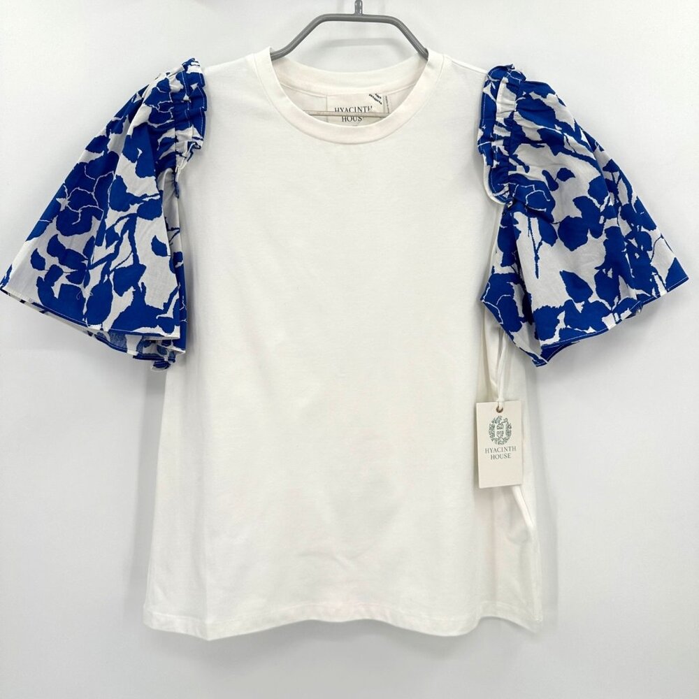 Hyacinth House by Tuckernuck Short Sleeve Mollie Blouse White/Blue sz XXS NWT*